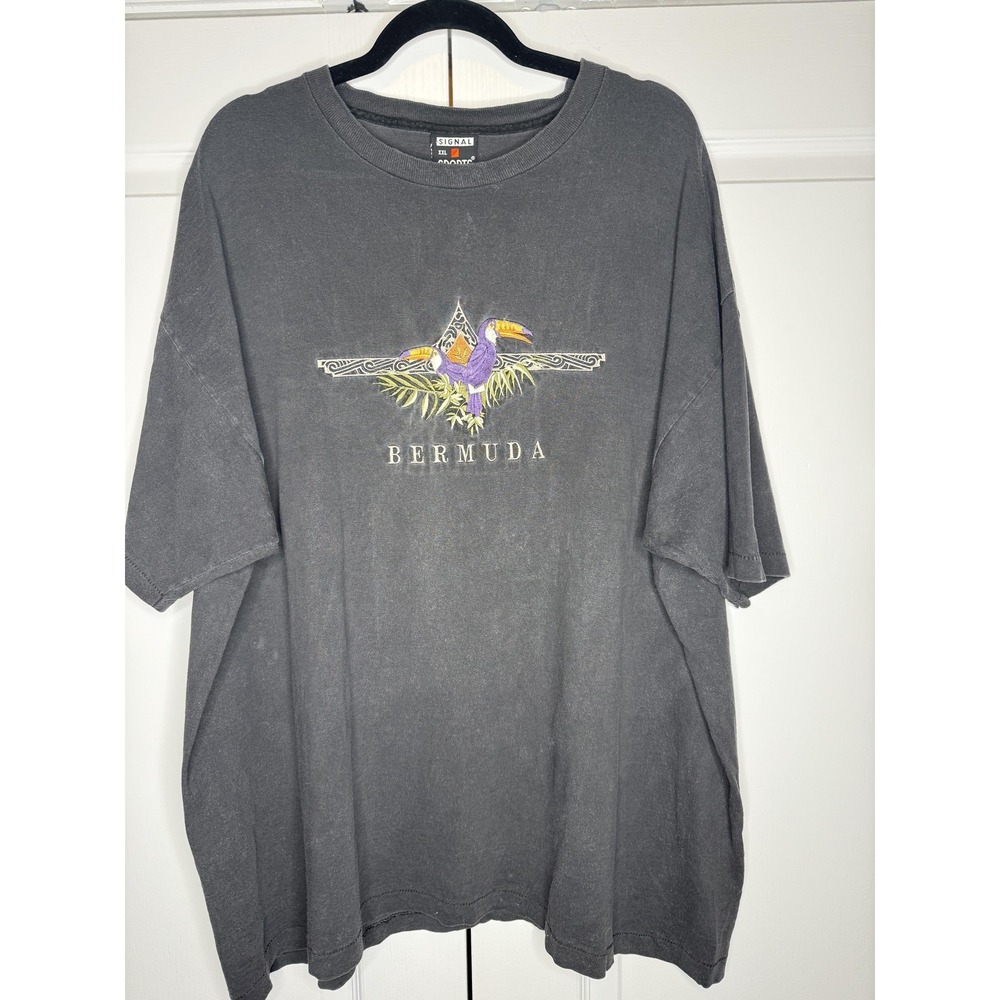 Vintage Signal Sports Shirt Mens 2XL Black Bermuda Toucan Tropical Graphic Tee